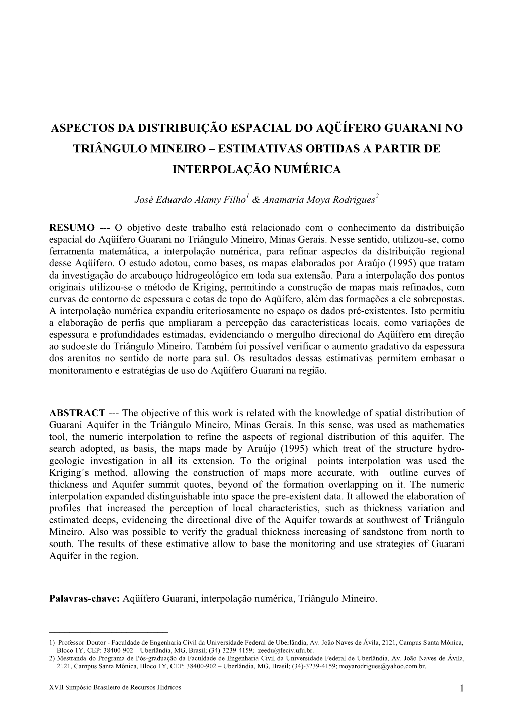 Aspectos Da Distribuição Espacial Do Aqüífero Guarani No Triângulo Mineiro – Estimativas Obtidas a Partir De Interpolação Numérica