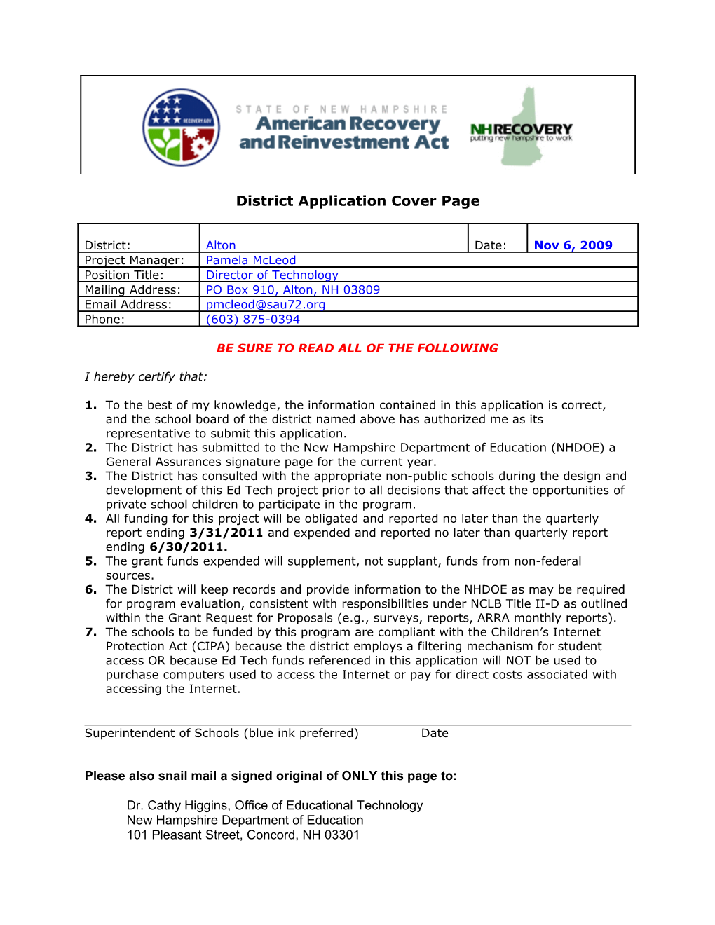 District Application Cover Page