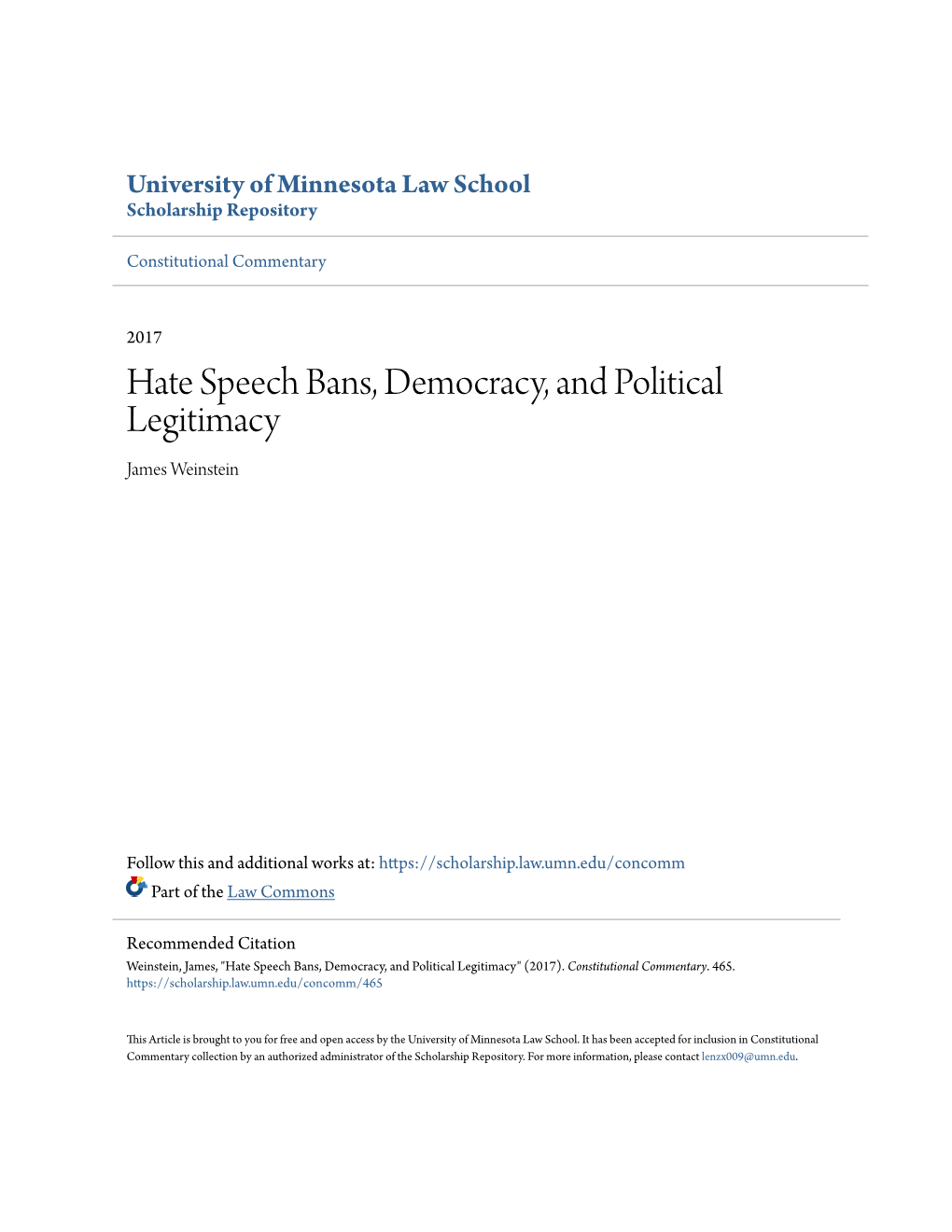 Hate Speech Bans, Democracy, and Political Legitimacy James Weinstein