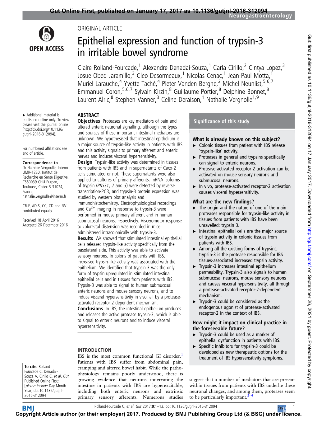 Epithelial Expression and Function of Trypsin-3 in Irritable Bowel Syndrome