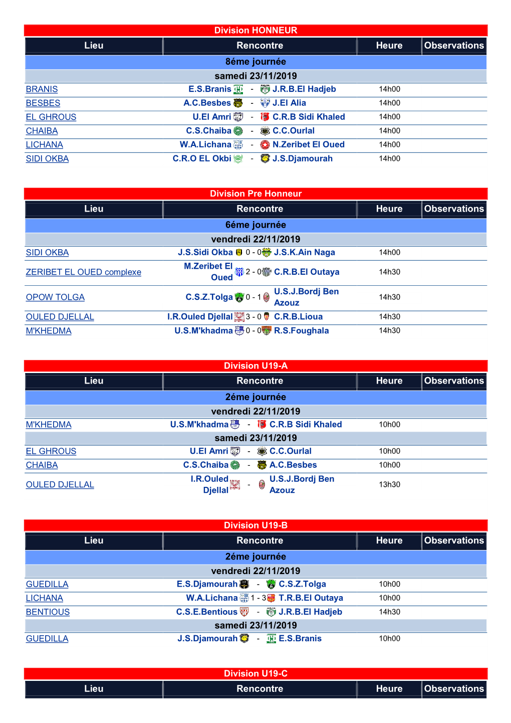 Division HONNEUR Lieu Rencontre Heure Observations 8Éme Journée Samedi 23/11/2019