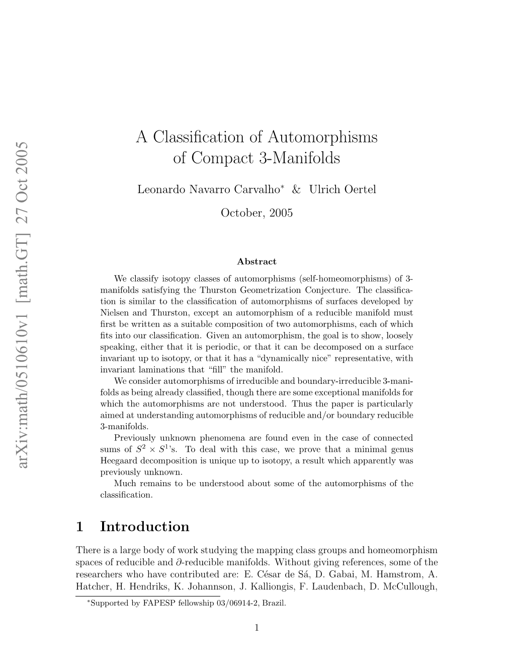 A Classification of Automorphisms of Compact 3-Manifolds