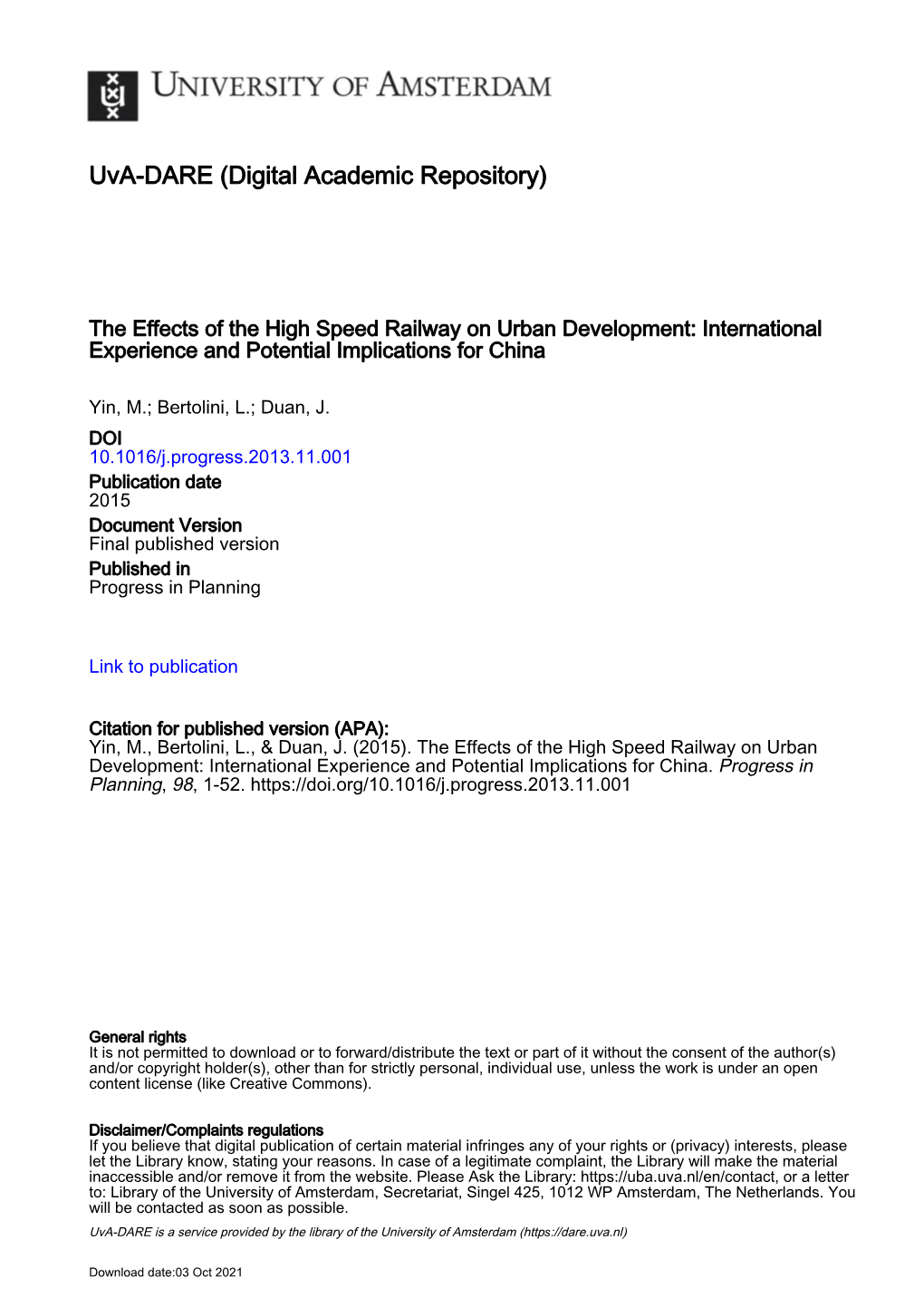 The Effects of the High-Speed Railway on Urban Development: International Experience and Potential Implications for China