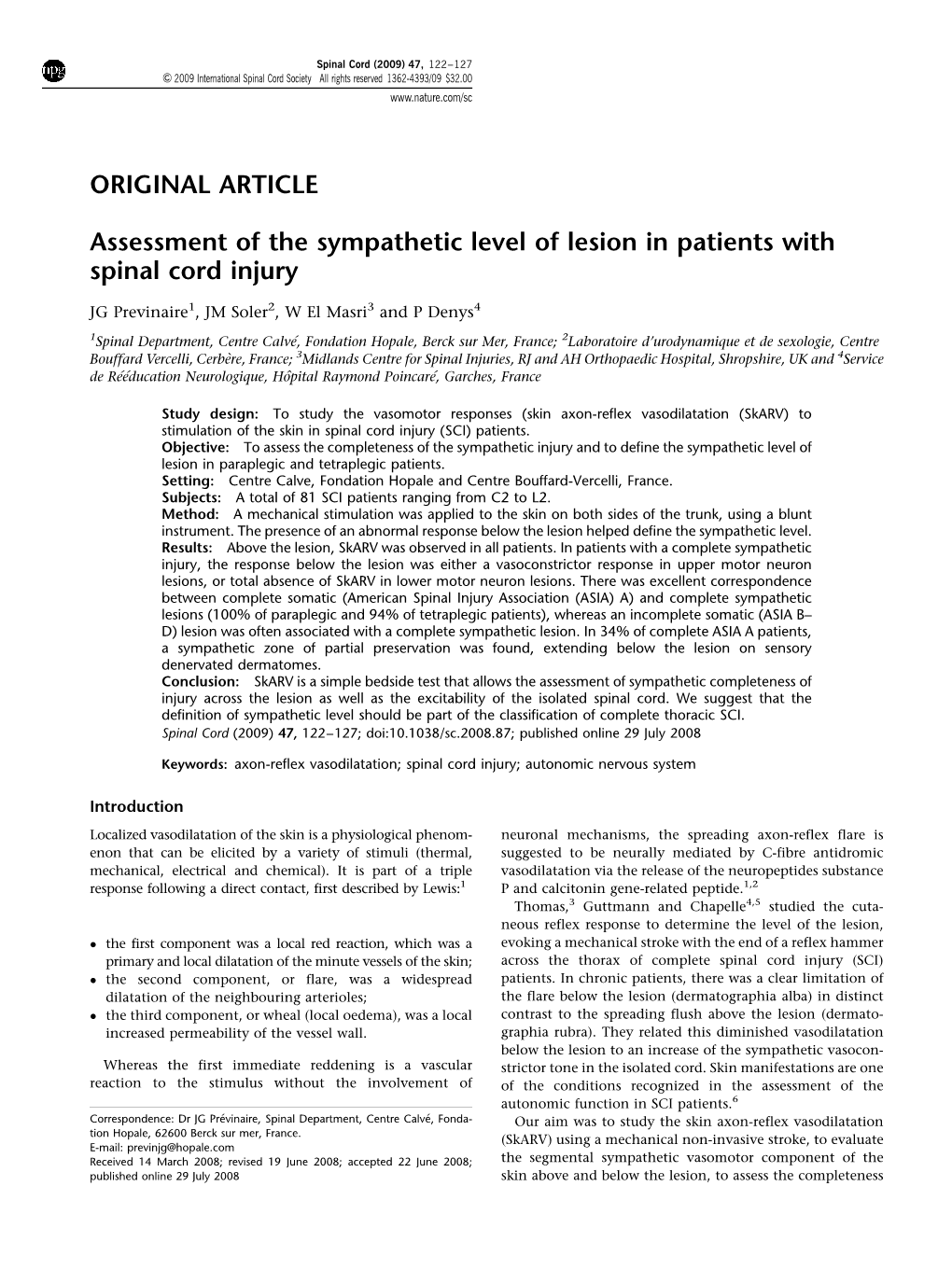 Assessment of the Sympathetic Level of Lesion in Patients with Spinal Cord Injury