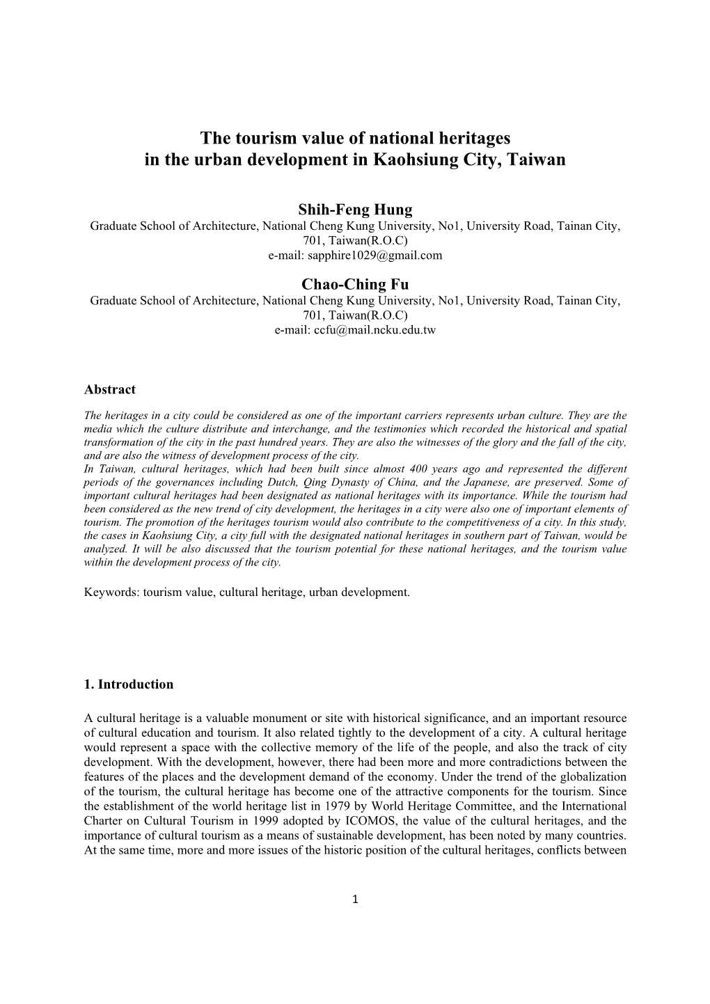 The Tourism Value of National Heritages in the Urban Development in Kaohsiung City, Taiwan