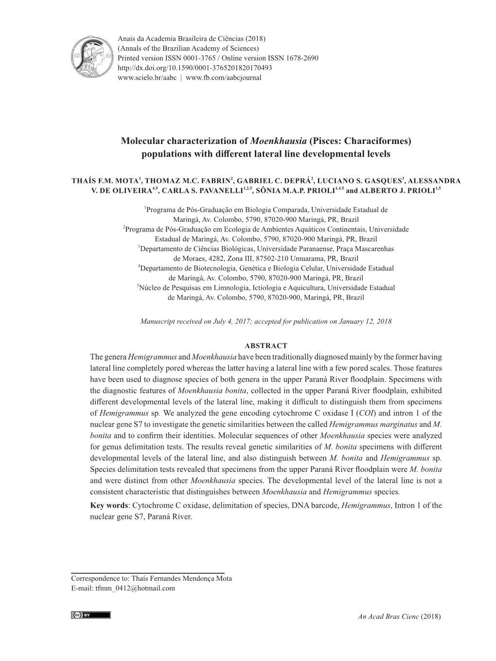 Molecular Characterization of Moenkhausia (Pisces: Characiformes) Populations with Different Lateral Line Developmental Levels