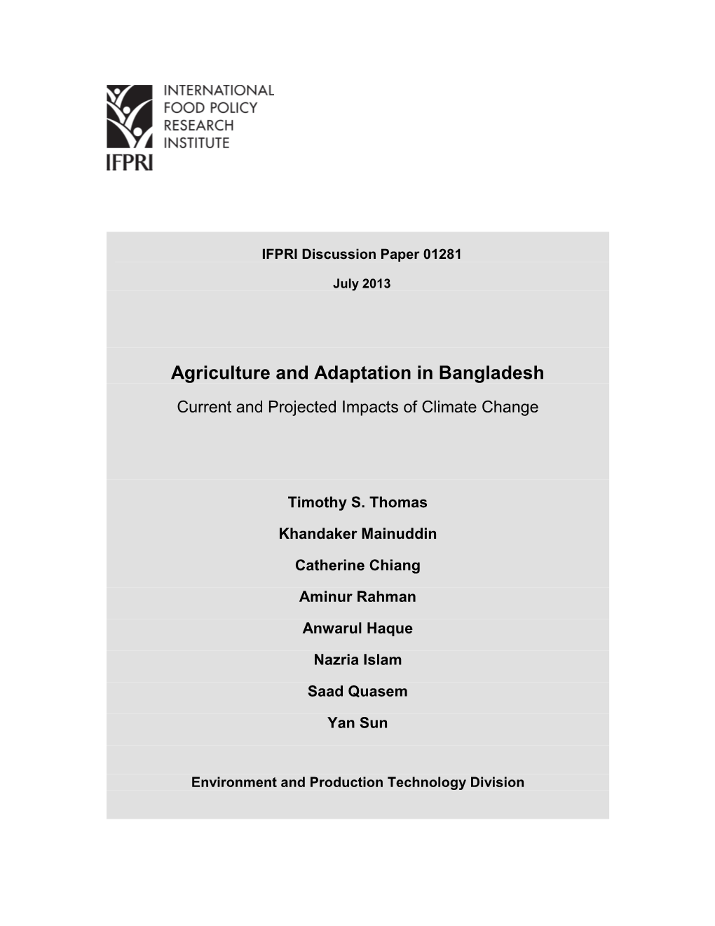 Agriculture and Adaptation in Bangladesh Current and Projected Impacts of Climate Change