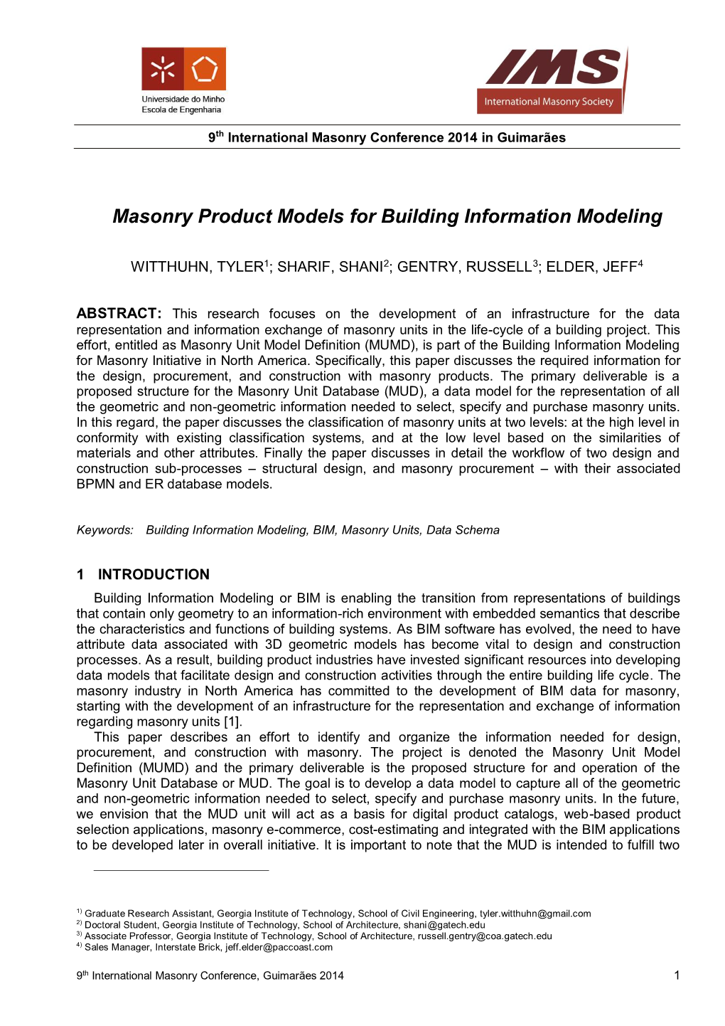 Masonry Product Models for Building Information Modeling