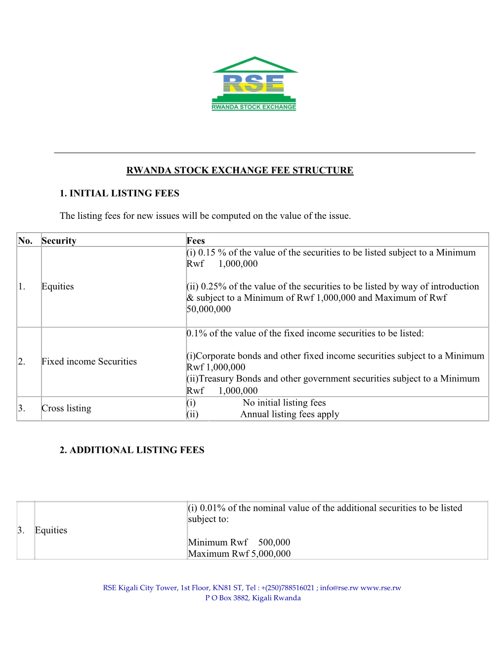 Rwanda Stock Exchange Fee Structure 1. Initial Listing
