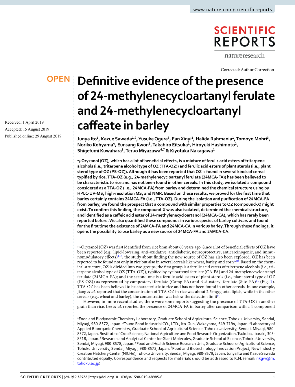 Definitive Evidence of the Presence of 24-Methylenecycloartanyl Ferulate and 24-Methylenecycloartanyl Caffeate in Barley