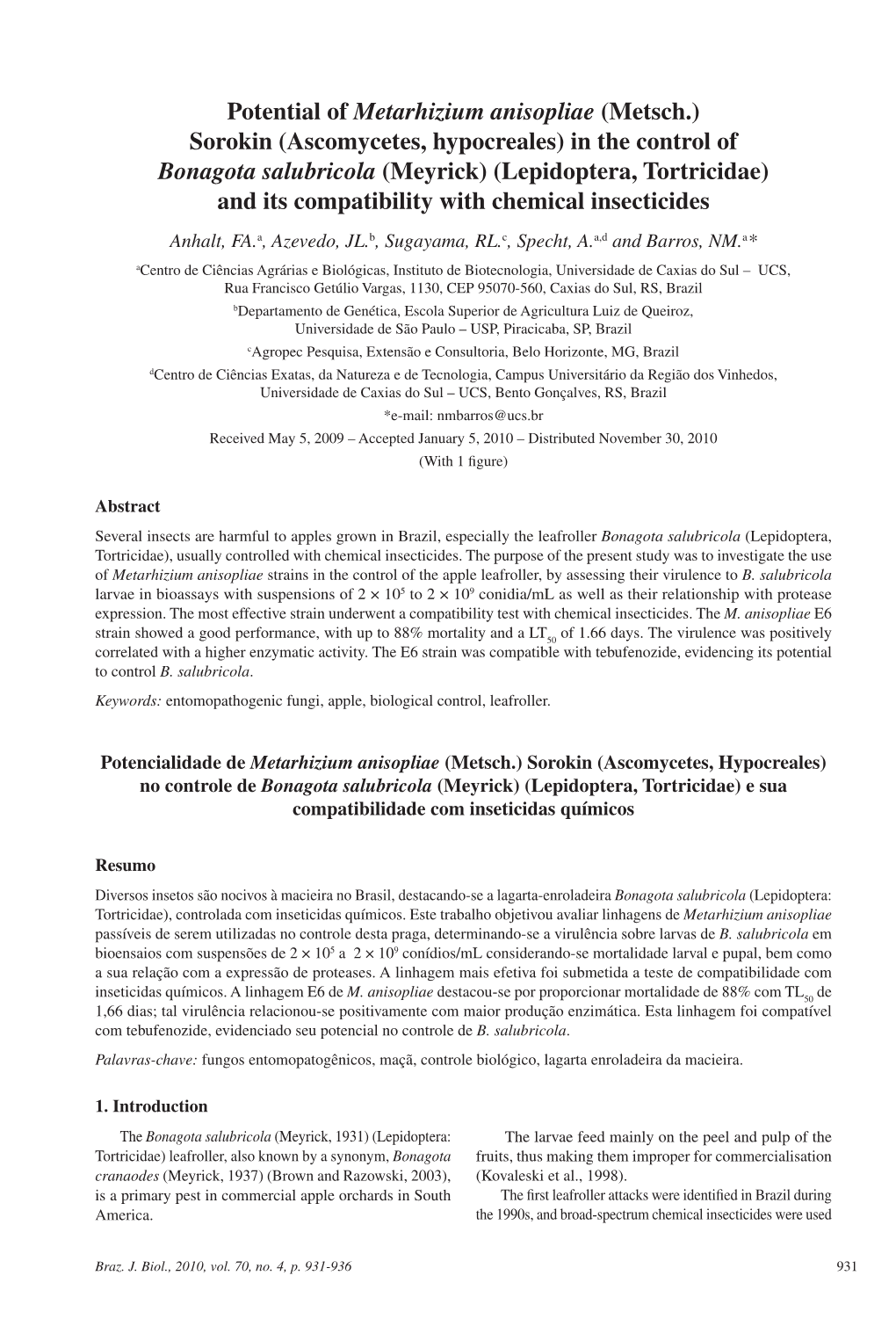 Potential of Metarhizium Anisopliae (Metsch.) Sorokin (Ascomycetes