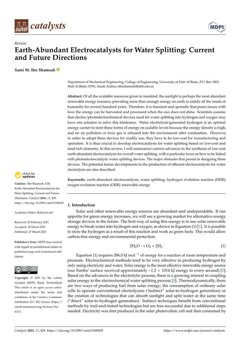 Earth-Abundant Electrocatalysts for Water Splitting: Current and Future Directions