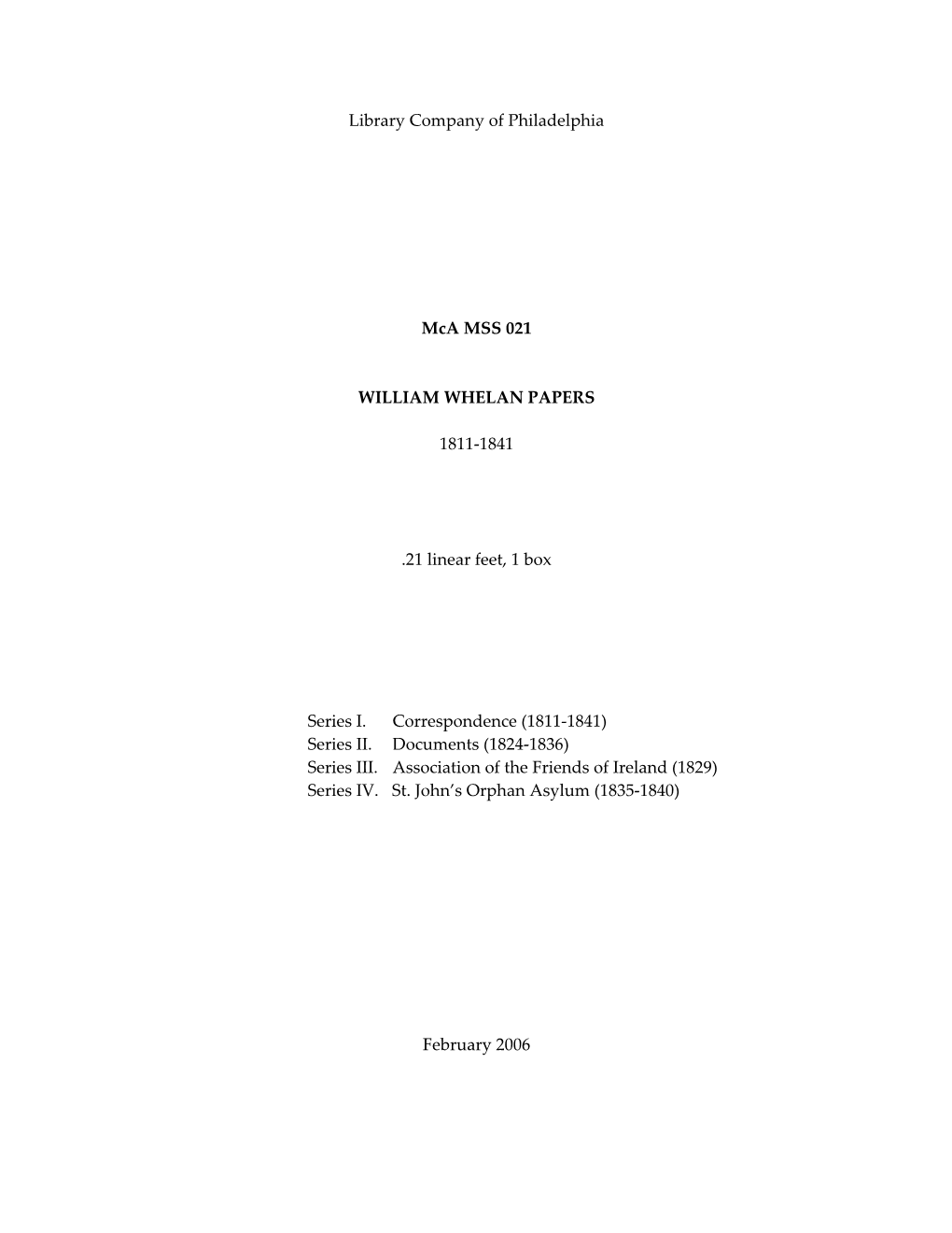 Library Company of Philadelphia Mca MSS 021 WILLIAM WHELAN