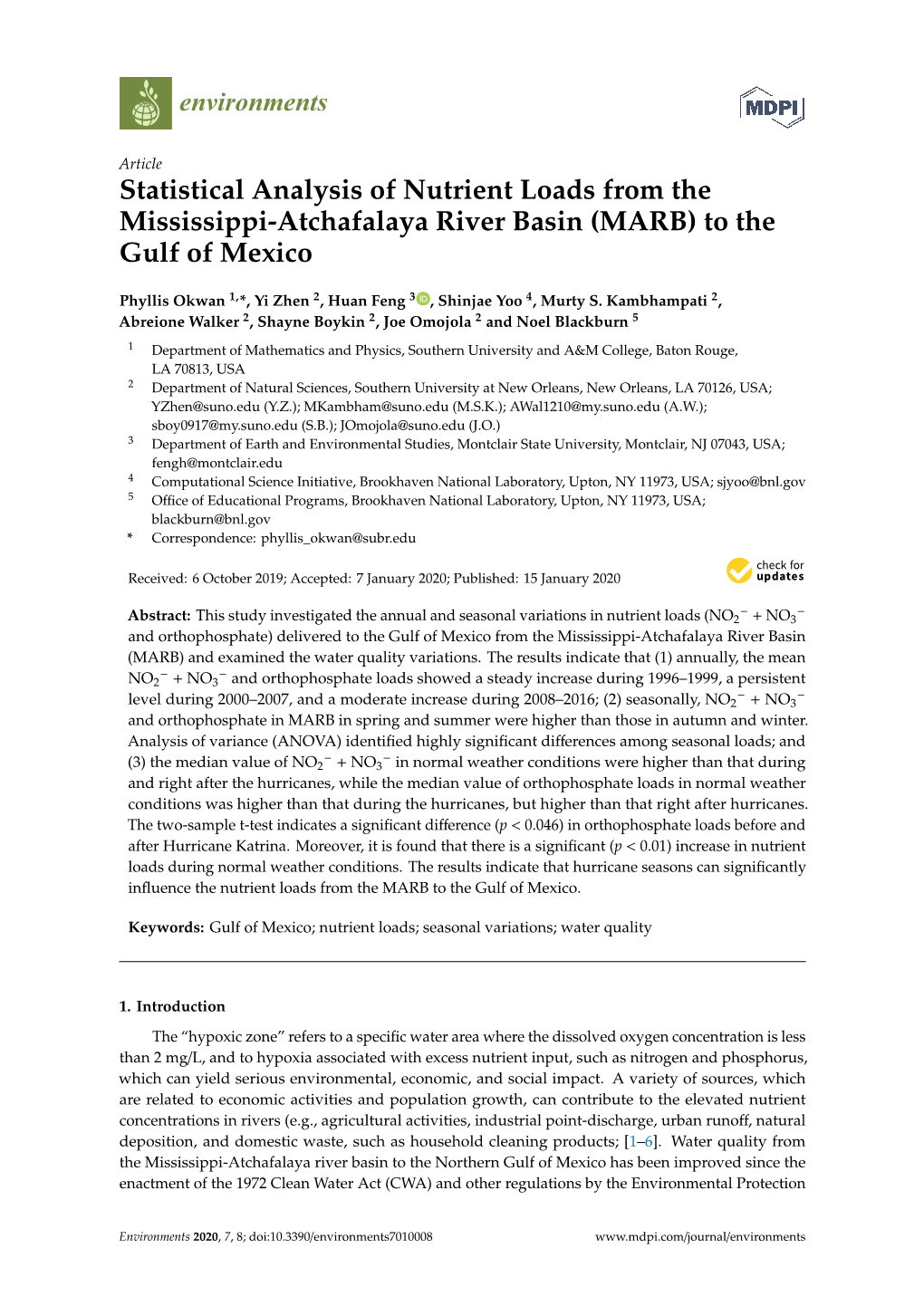 Statistical Analysis of Nutrient Loads from the Mississippi-Atchafalaya River Basin (MARB) to the Gulf of Mexico