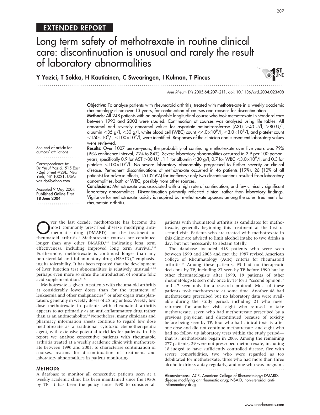 Long Term Safety of Methotrexate in Routine Clinical Care: Discontinuation