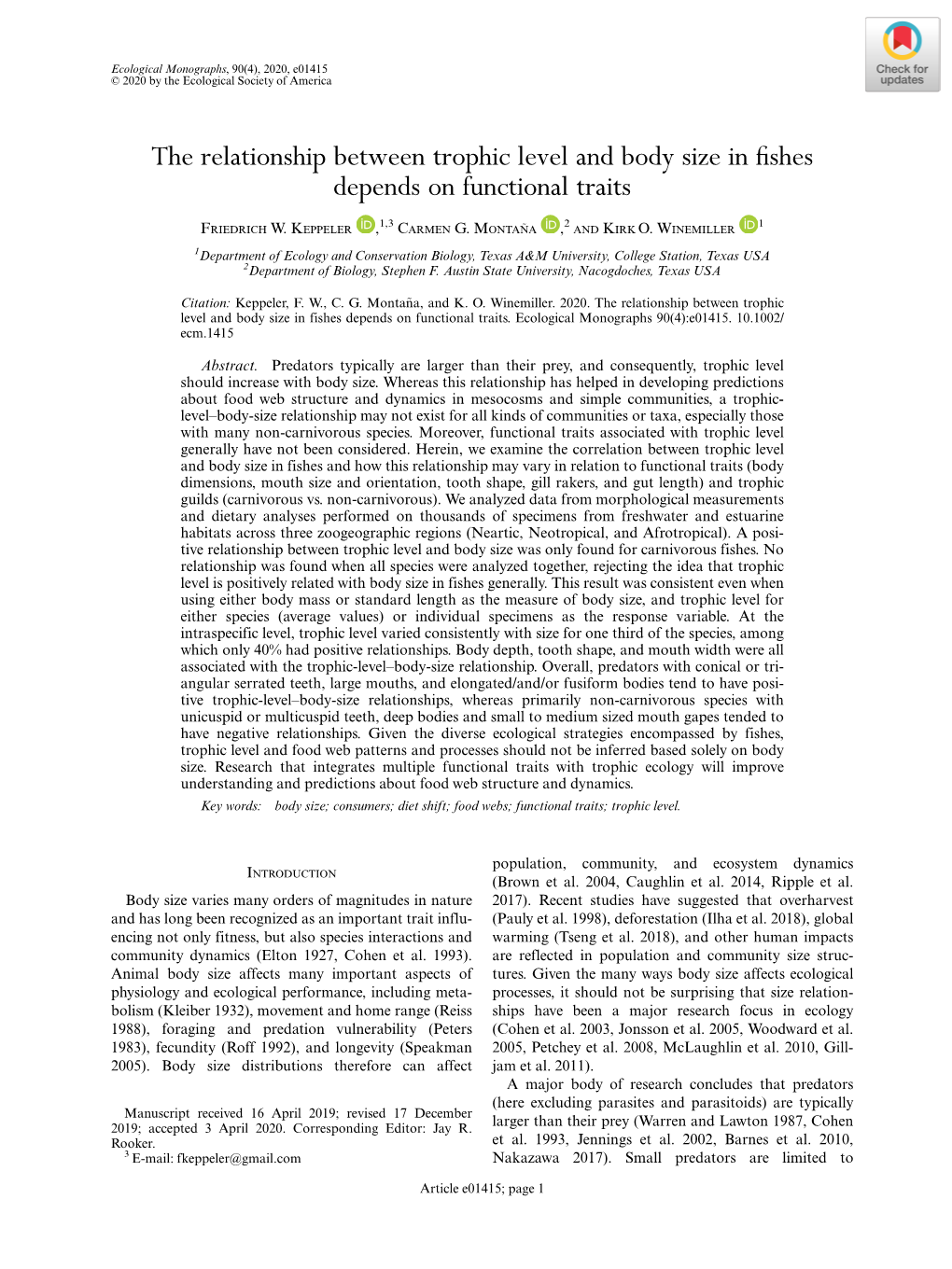 The Relationship Between Trophic Level and Body Size in Fishes Depends on Functional Traits