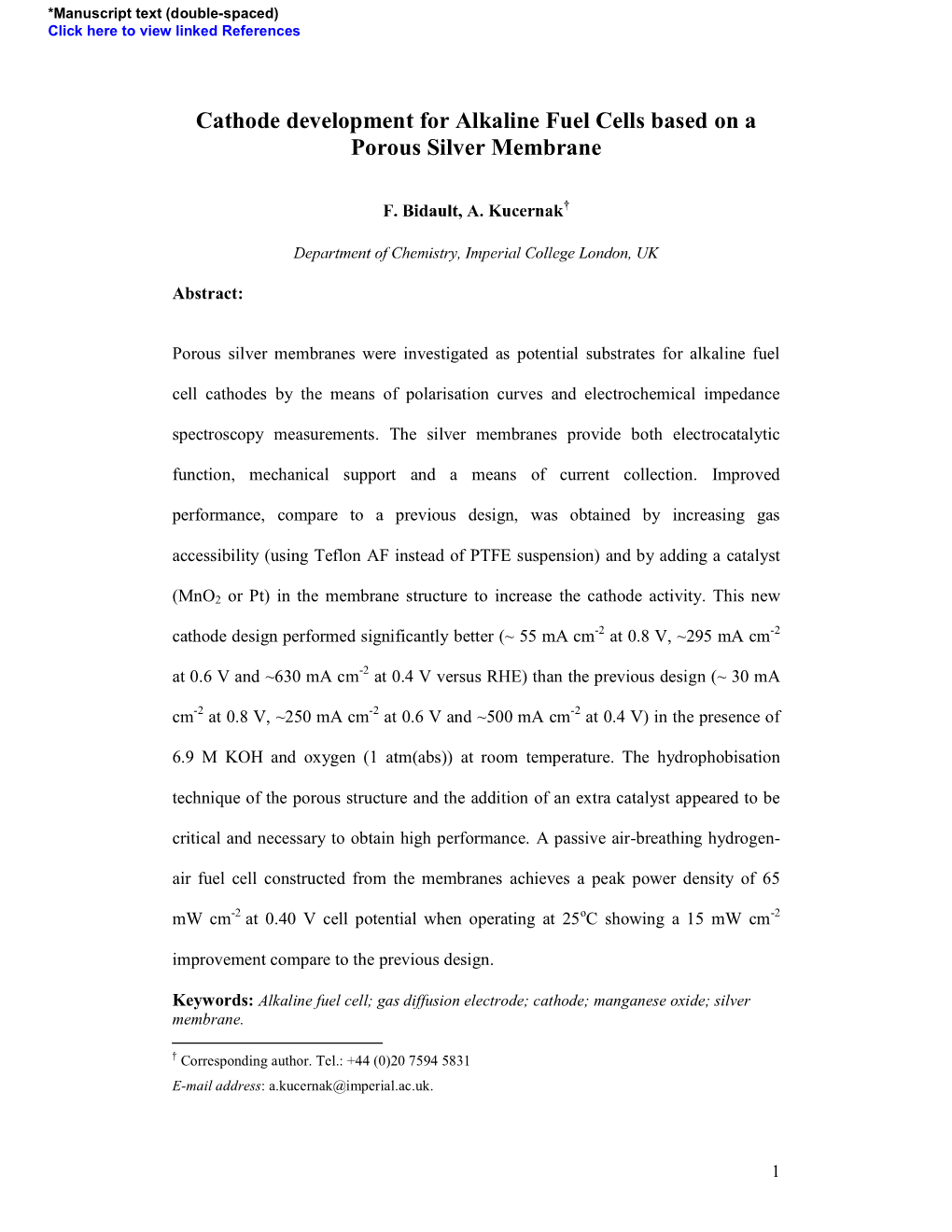 Cathode Development for Alkaline Fuel Cells Based on a Porous Silver Membrane