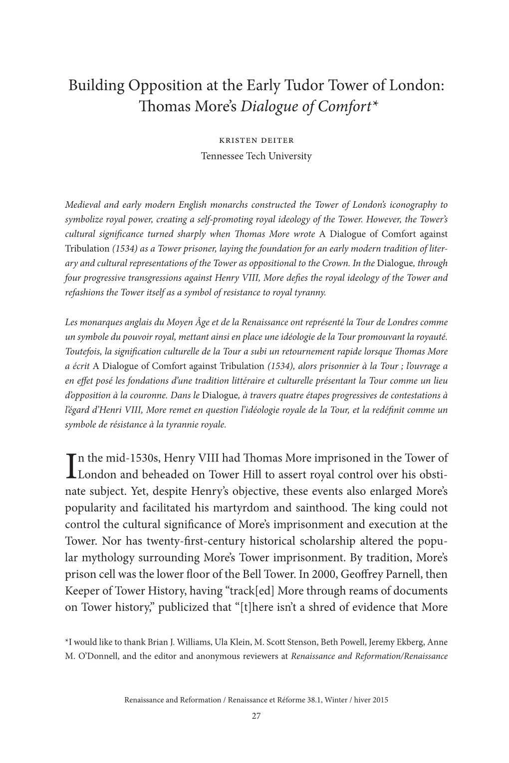 Building Opposition at the Early Tudor Tower of London: Thomas More’S Dialogue of Comfort*