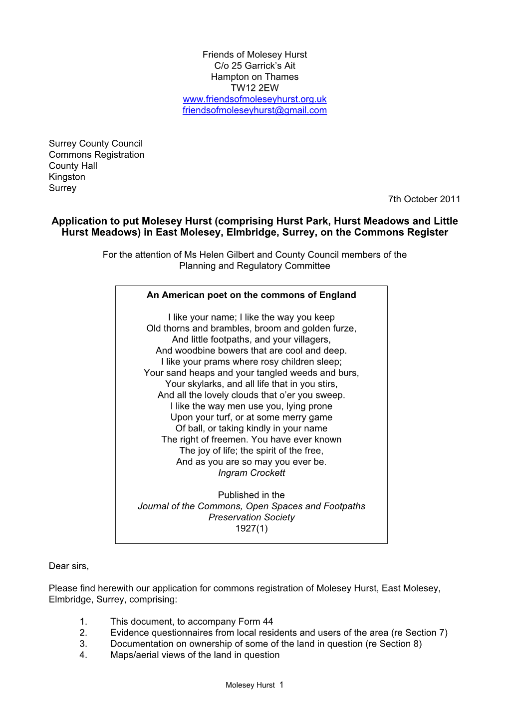 Comprising Hurst Park, Hurst Meadows and Little Hurst Meadows) in East Molesey, Elmbridge, Surrey, on the Commons Register