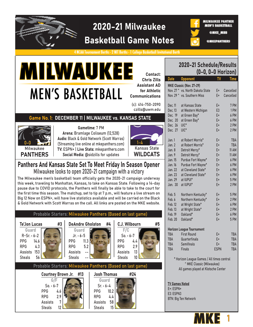 2020-21 Milwaukee Basketball Game Notes