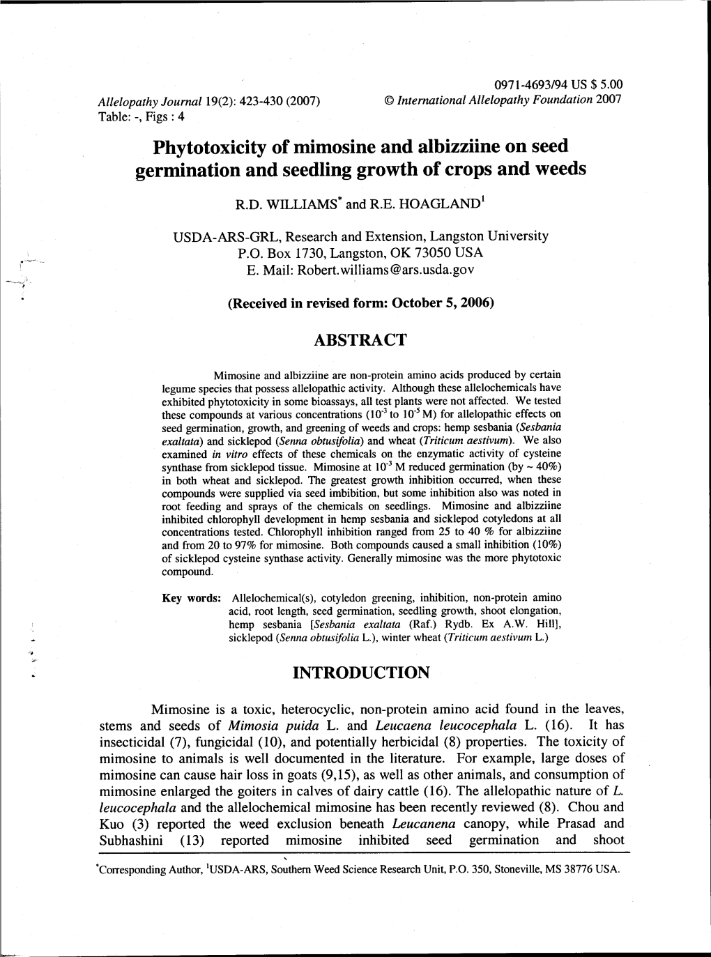 Phytotoxicity of Mimosine and Albizziine on Seed Germination and Seedling Growth of Crops and Weeds