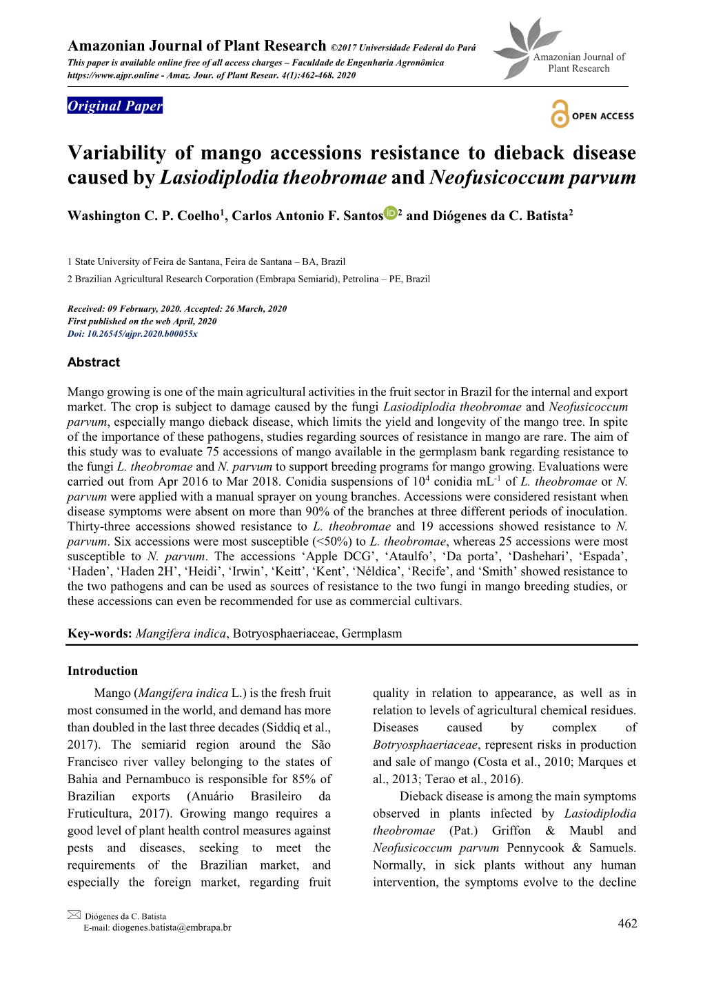 Variability of Mango Accessions Resistance to Dieback Disease Caused by Lasiodiplodia Theobromae and Neofusicoccum Parvum