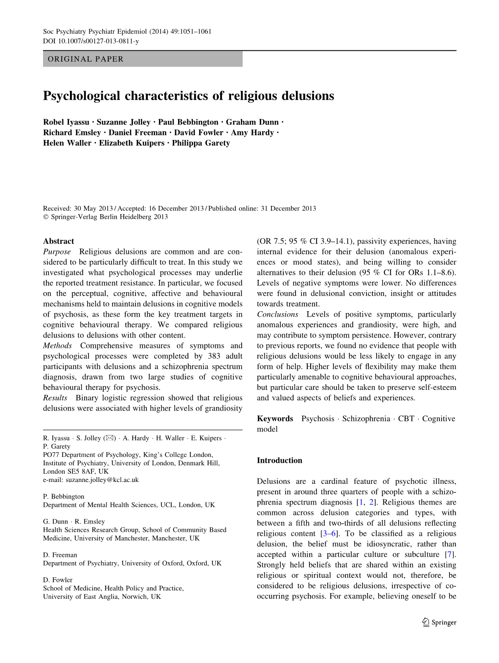 Psychological Characteristics of Religious Delusions