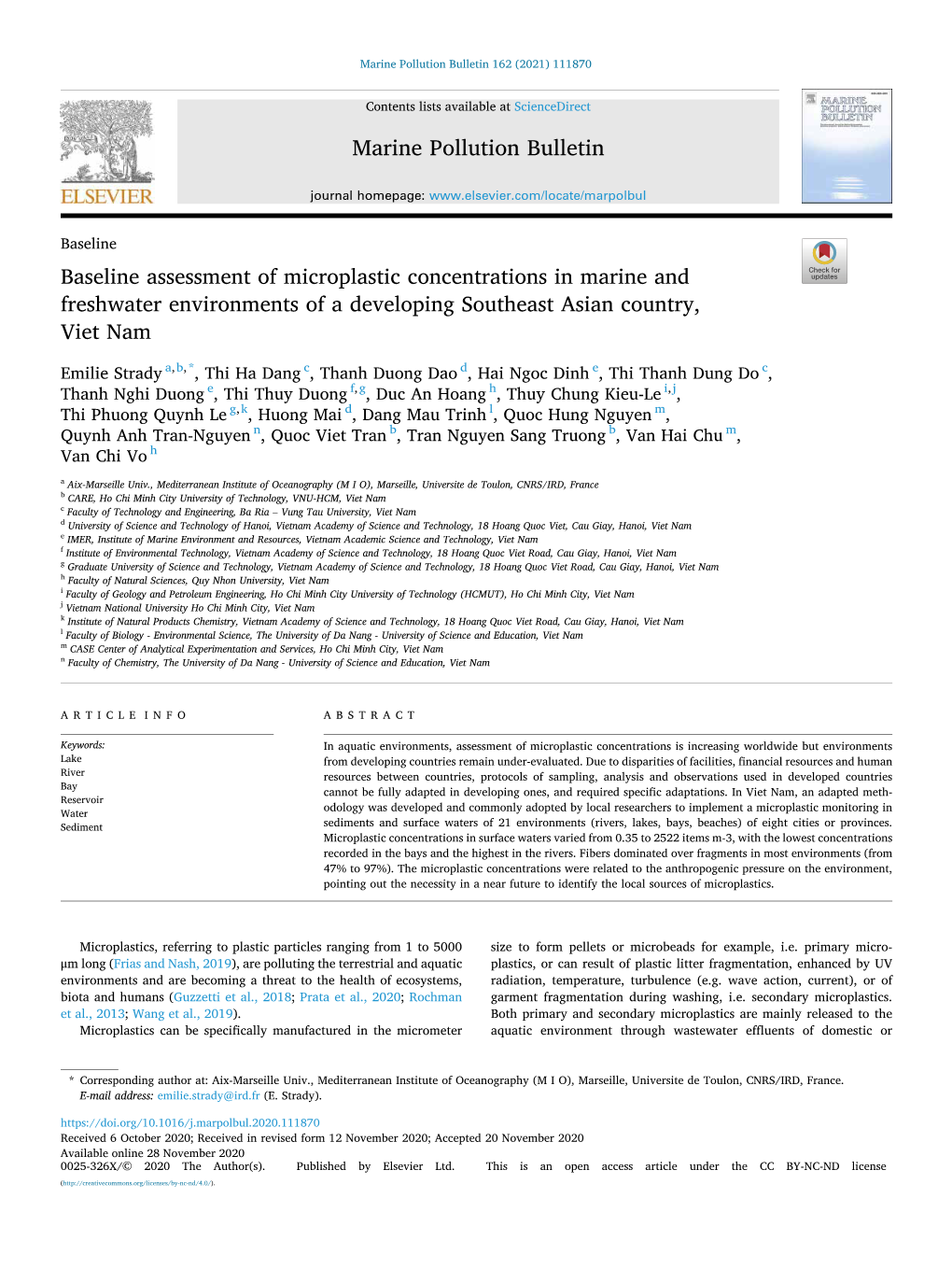 Baseline Assessment of Microplastic Concentrations in Marine and Freshwater Environments of a Developing Southeast Asian Country, Viet Nam