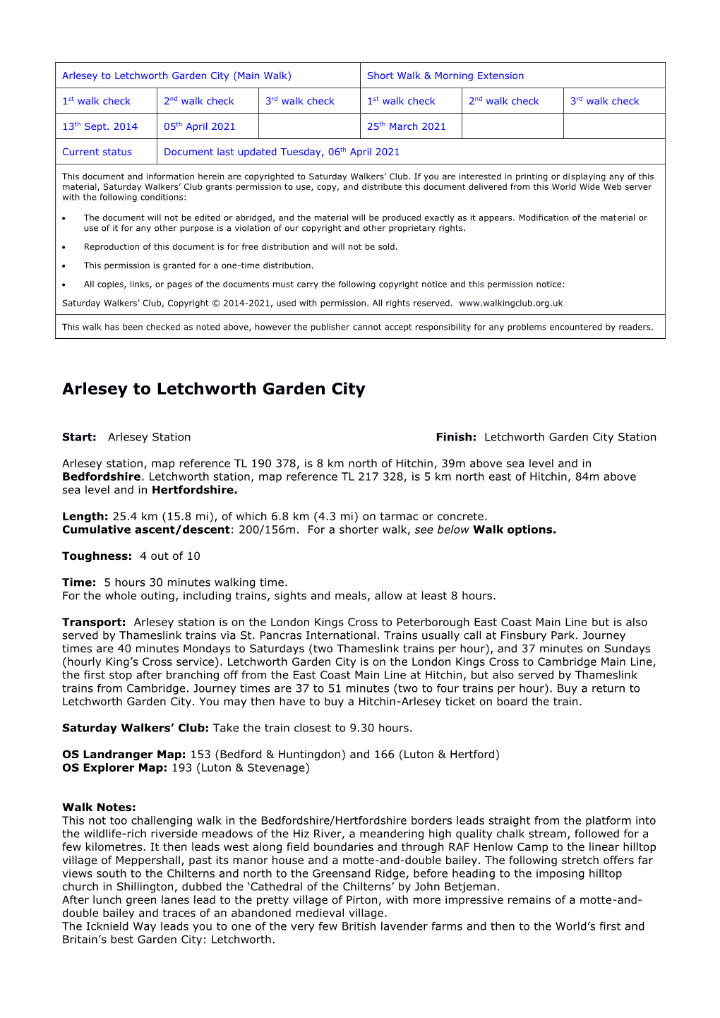 Arlesey to Letchworth Garden City (Main Walk) Short Walk & Morning Extension