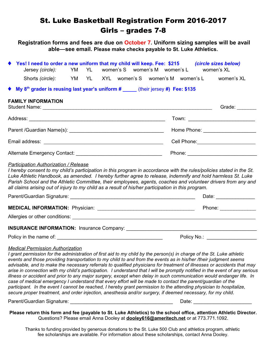 St. Luke Basketball Registration Form 2016-2017