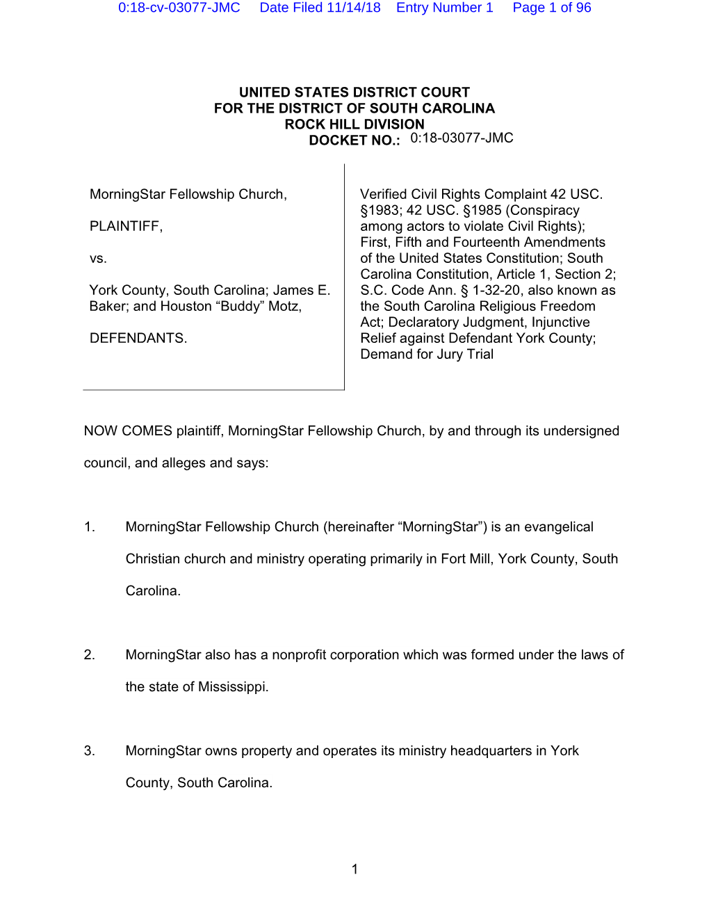 0:18-Cv-03077-JMC Date Filed 11/14/18 Entry Number 1 Page 1 of 96