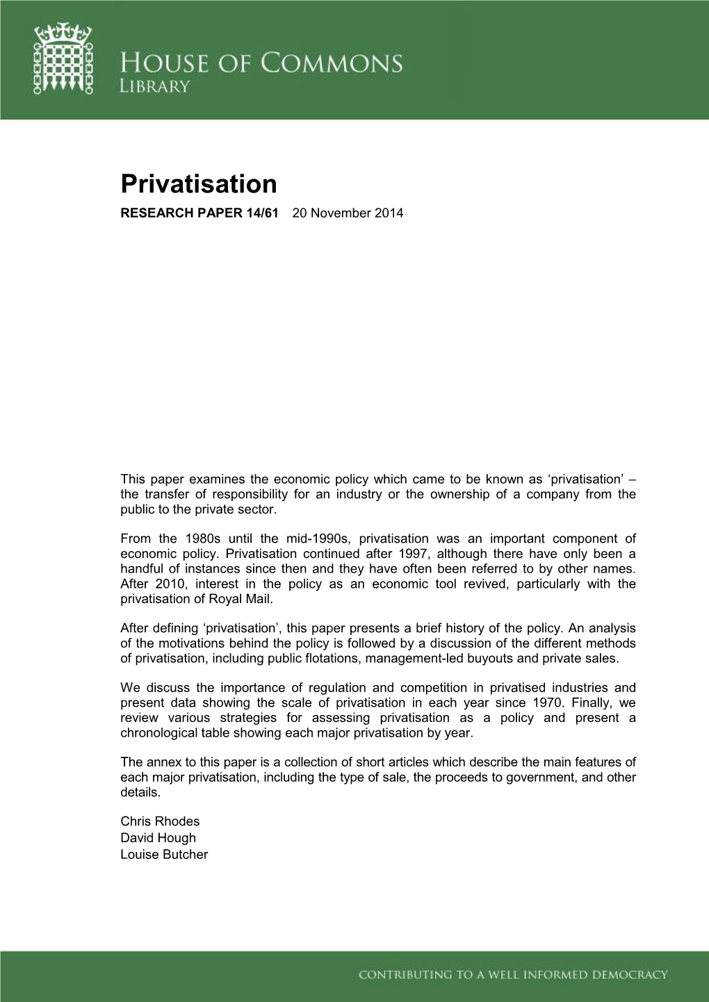 Privatisation RESEARCH PAPER 14/61 20 November 2014