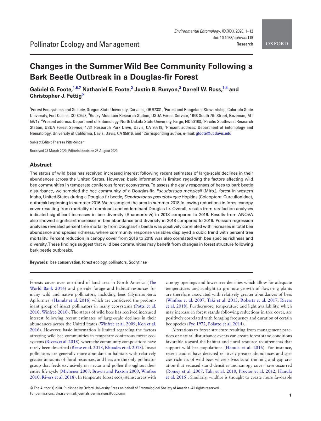 Changes in the Summer Wild Bee Community Following a Bark Beetle Outbreak in a Douglas-Fir Forest