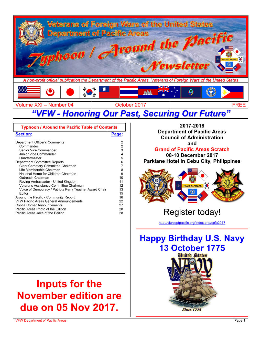 October 2017 FREE “VFW - Honoring Our Past, Securing Our Future”