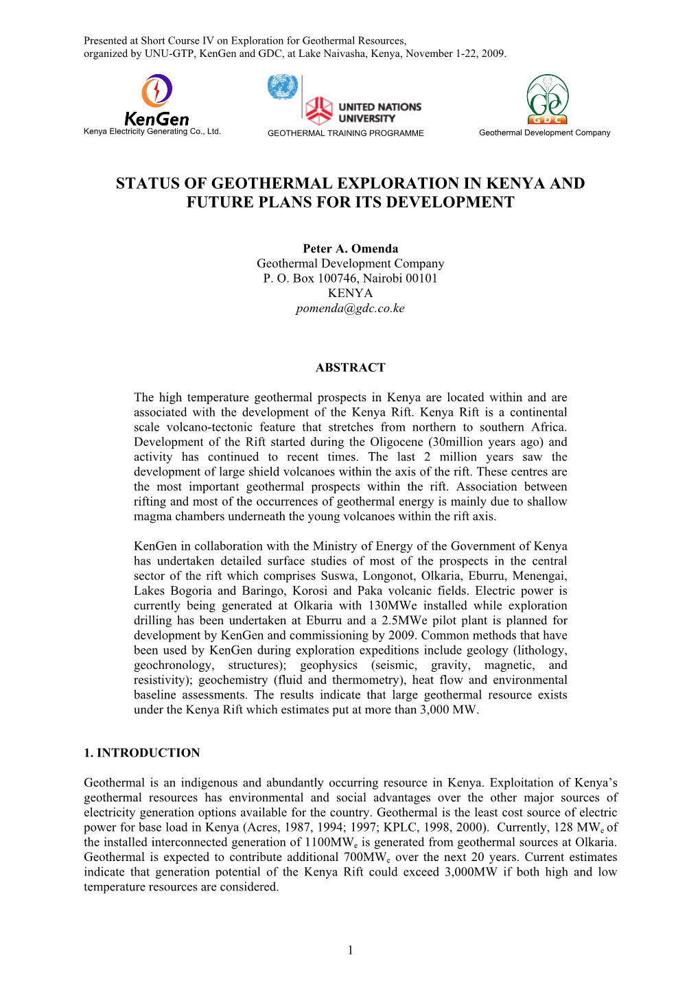 Status of Geothermal Exploration in Kenya and Future Plans for Its Development