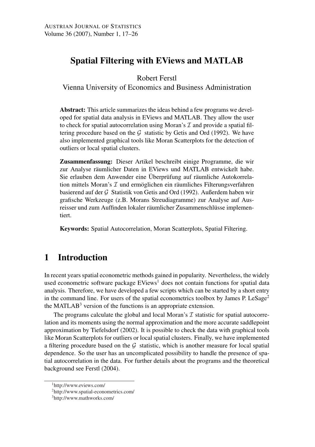 Spatial Filtering with Eviews and MATLAB 1 Introduction