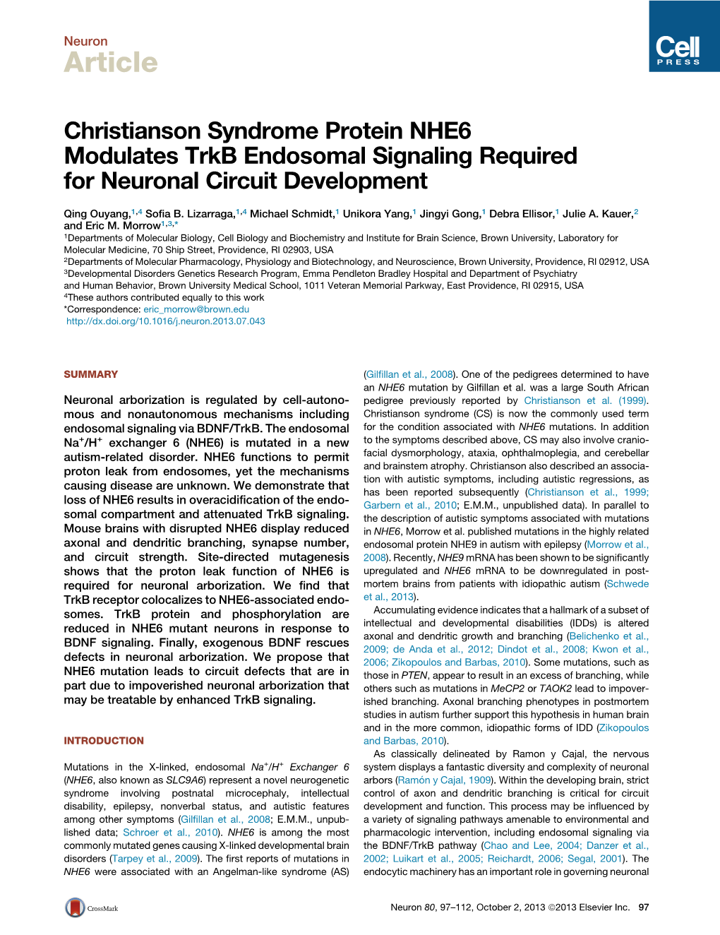 Christianson Syndrome Protein NHE6 Modulates Trkb Endosomal Signaling Required for Neuronal Circuit Development