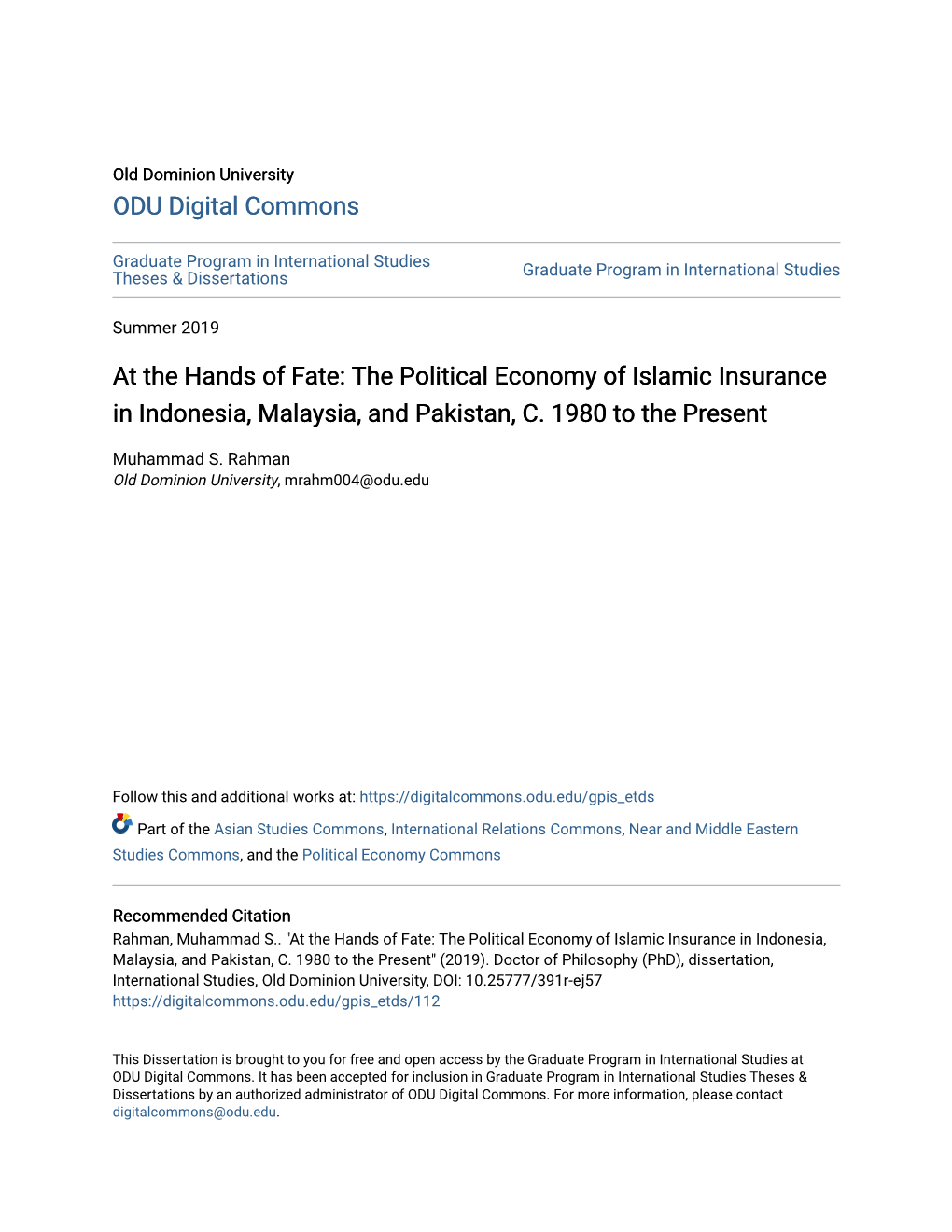 At the Hands of Fate: the Political Economy of Islamic Insurance in Indonesia, Malaysia, and Pakistan, C