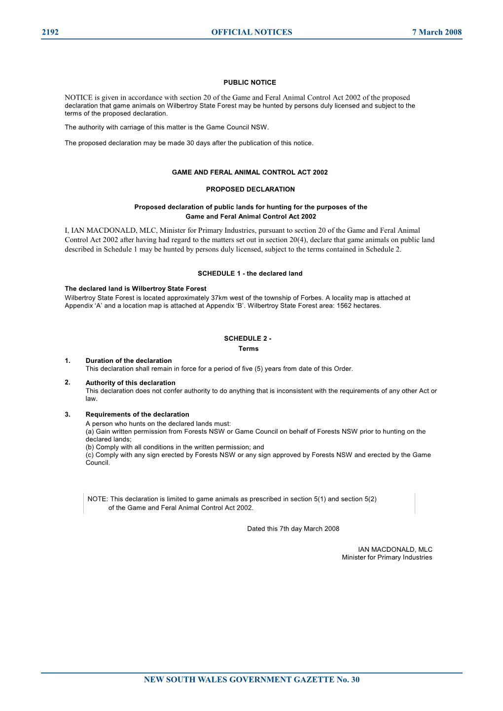 2192 OFFICIAL NOTICES 7 March 2008 NEW SOUTH WALES