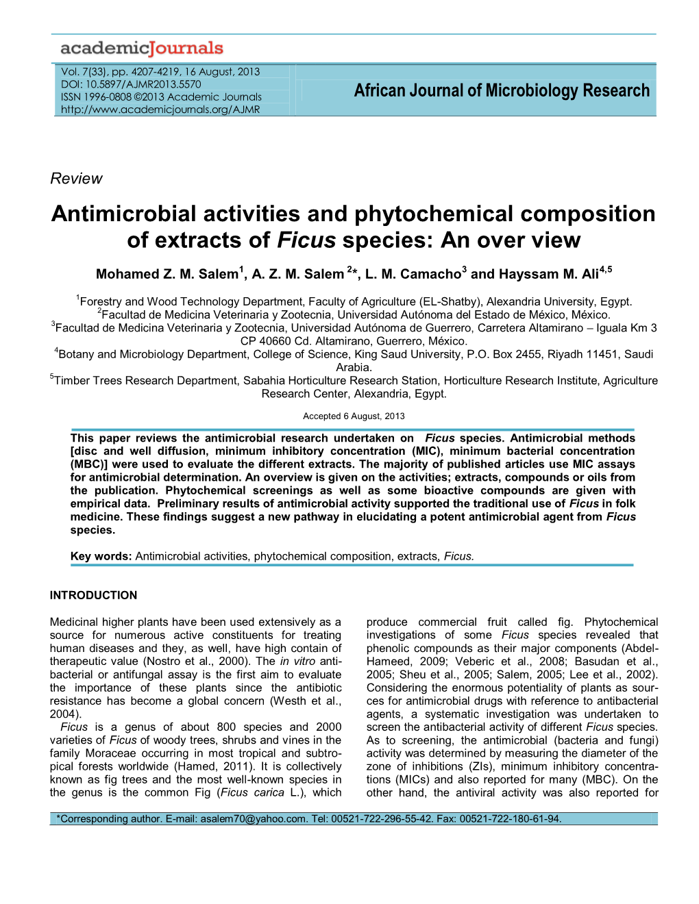 Antimicrobial Activities and Phytochemical Composition of Extracts of Ficus Species: an Over View