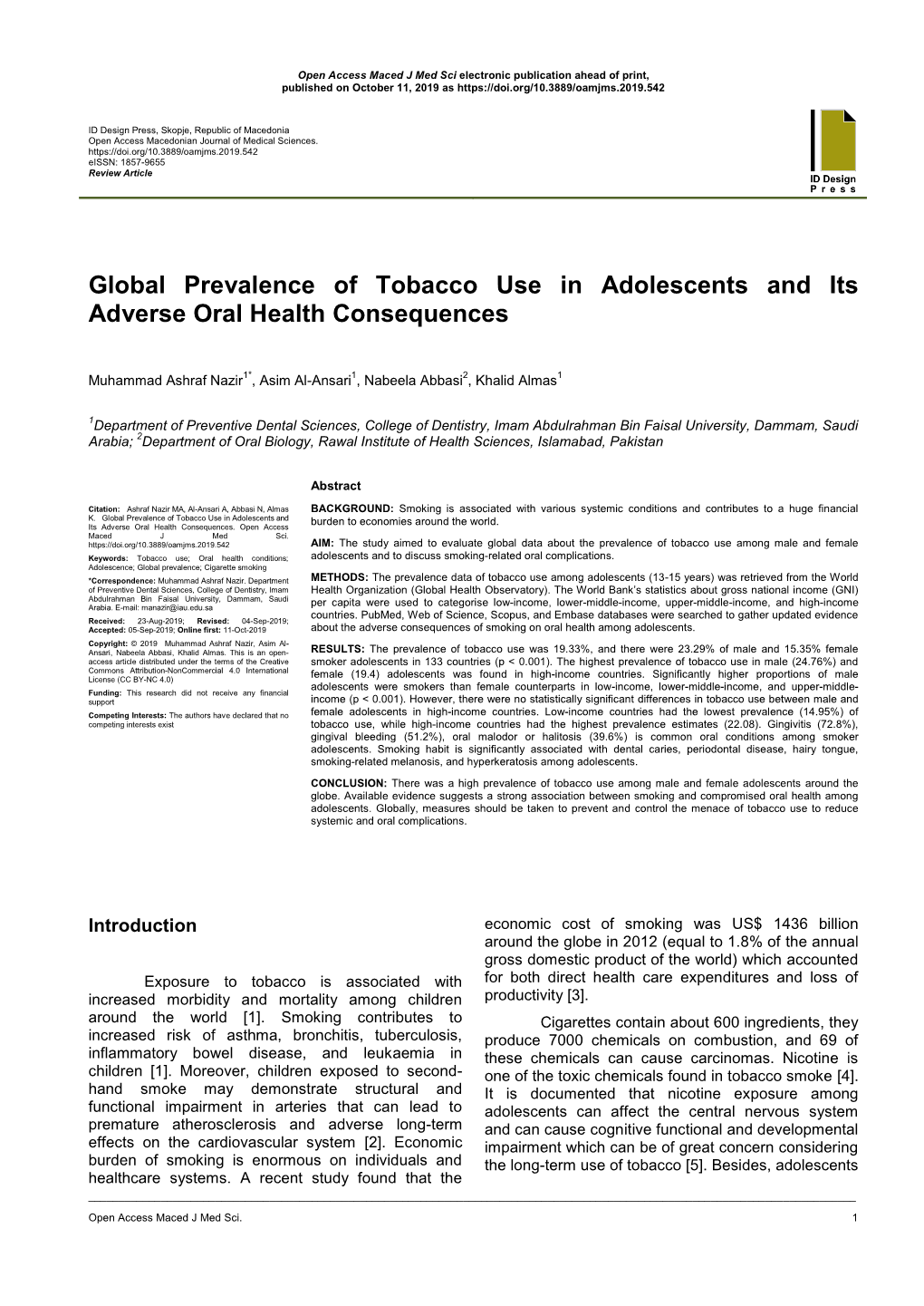 Global Prevalence of Tobacco Use in Adolescents and Its Adverse Oral Health Consequences