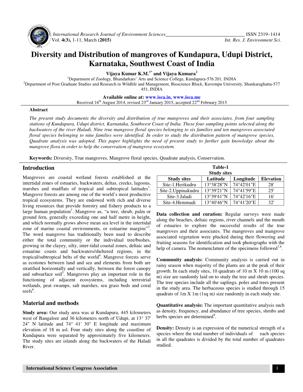 Diversity and Distribution of Mangroves of Kundapura, Udupi District, Karnataka, Southwest Coast of India