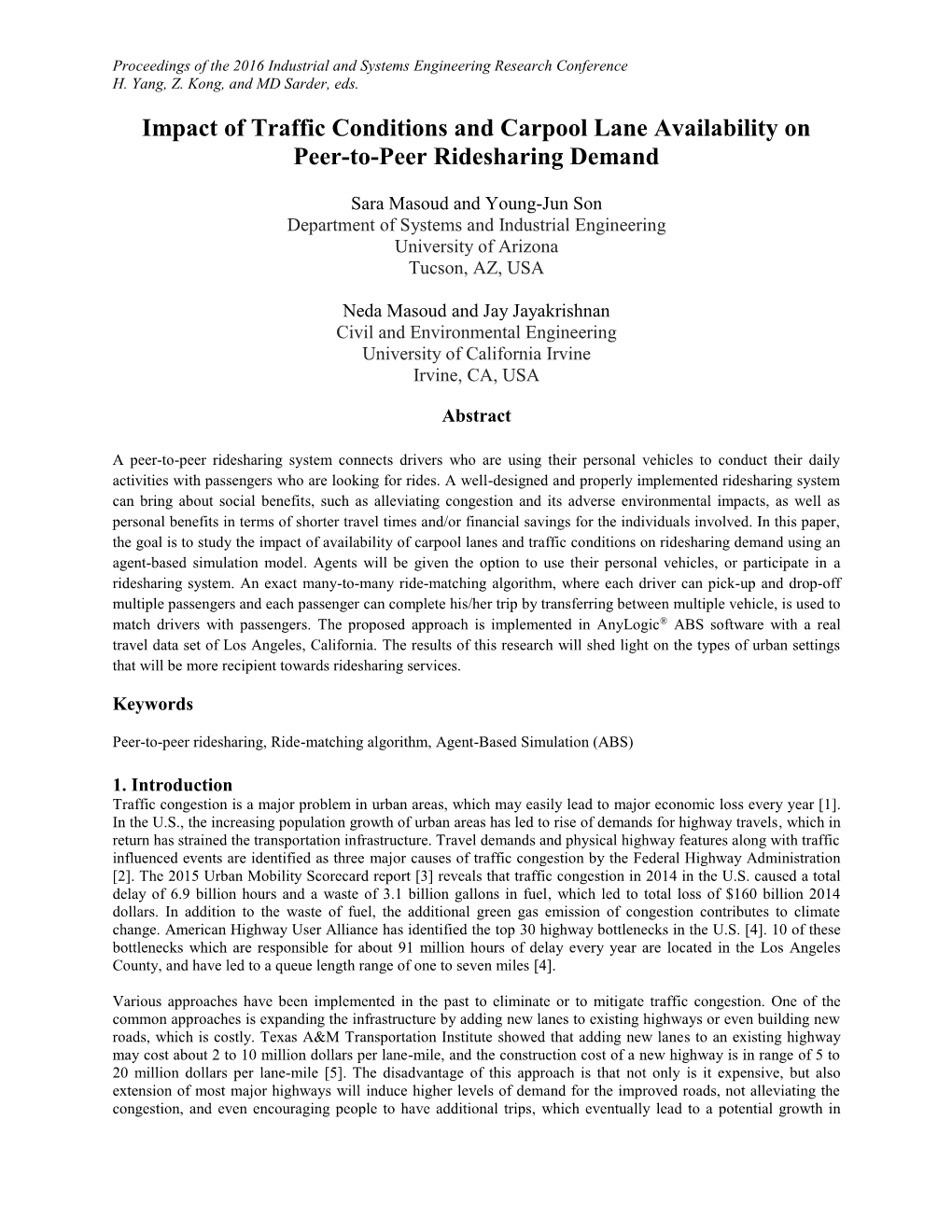 Impact of Traffic Conditions and Carpool Lane Availability on Peer-To-Peer Ridesharing Demand