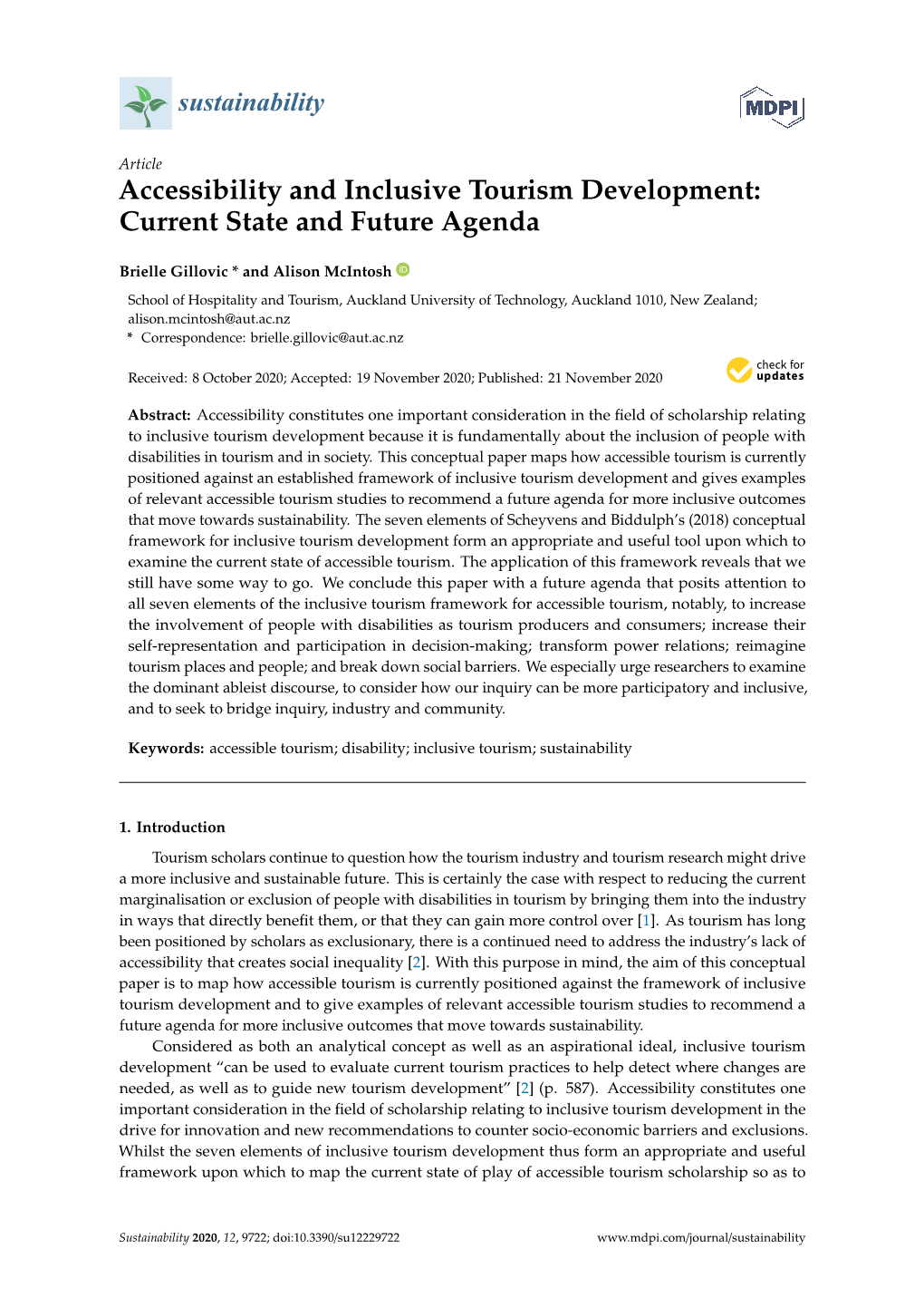 Accessibility and Inclusive Tourism Development: Current State and Future Agenda