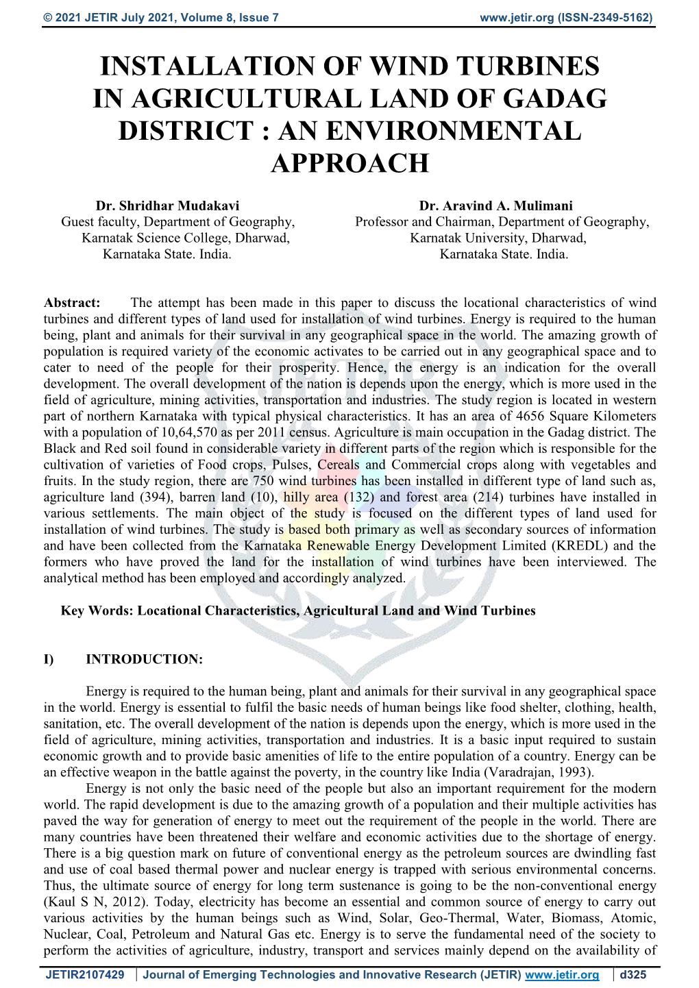 Installation of Wind Turbines in Agricultural Land of Gadag District : an Environmental Approach