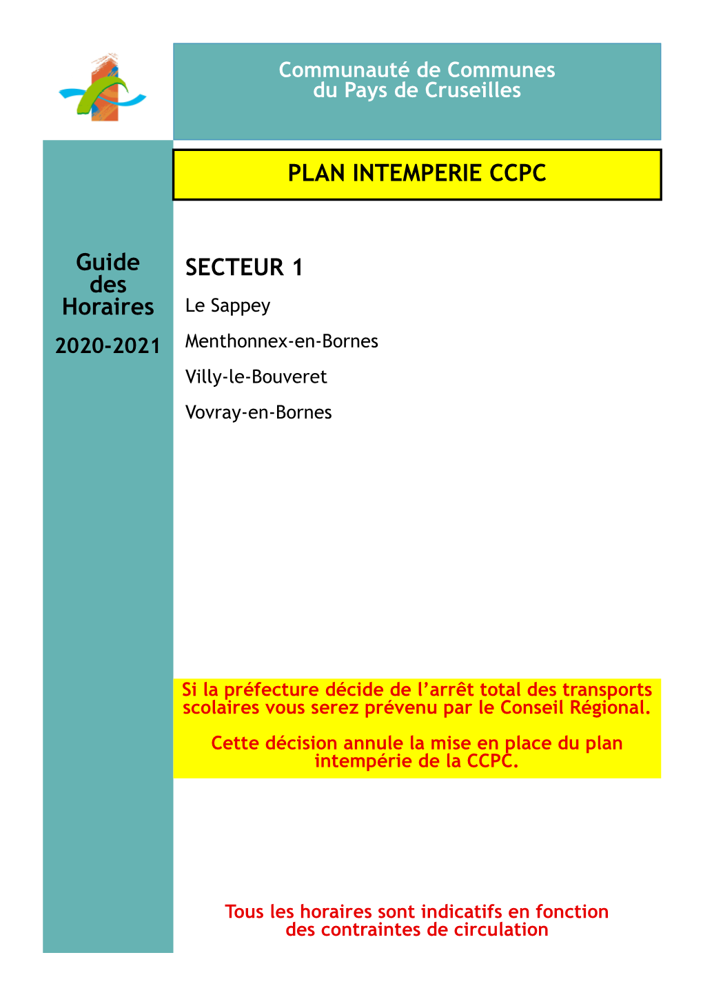 Guide Des Horaires SECTEUR 1 2020-2021