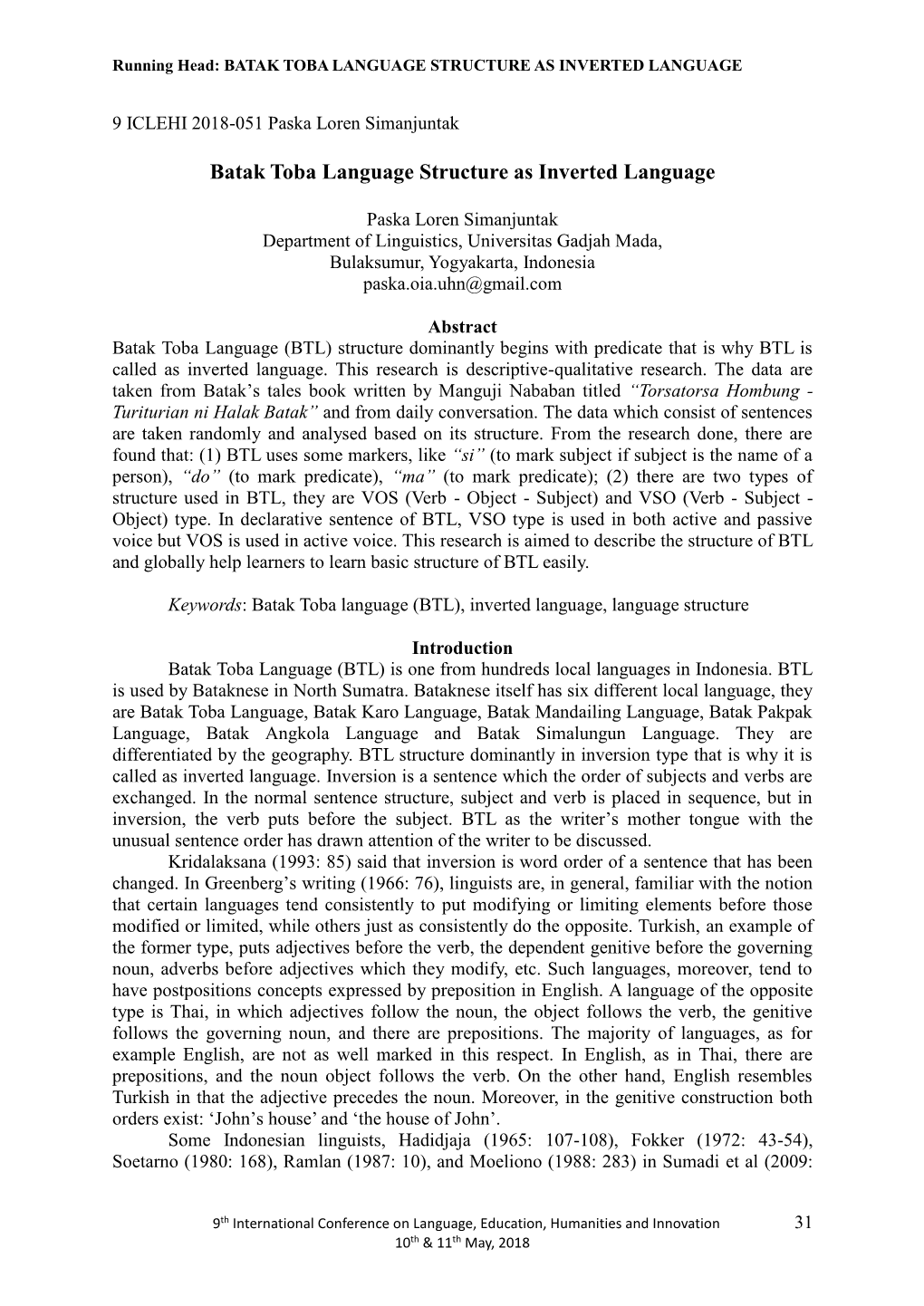 Batak Toba Language Structure As Inverted Language