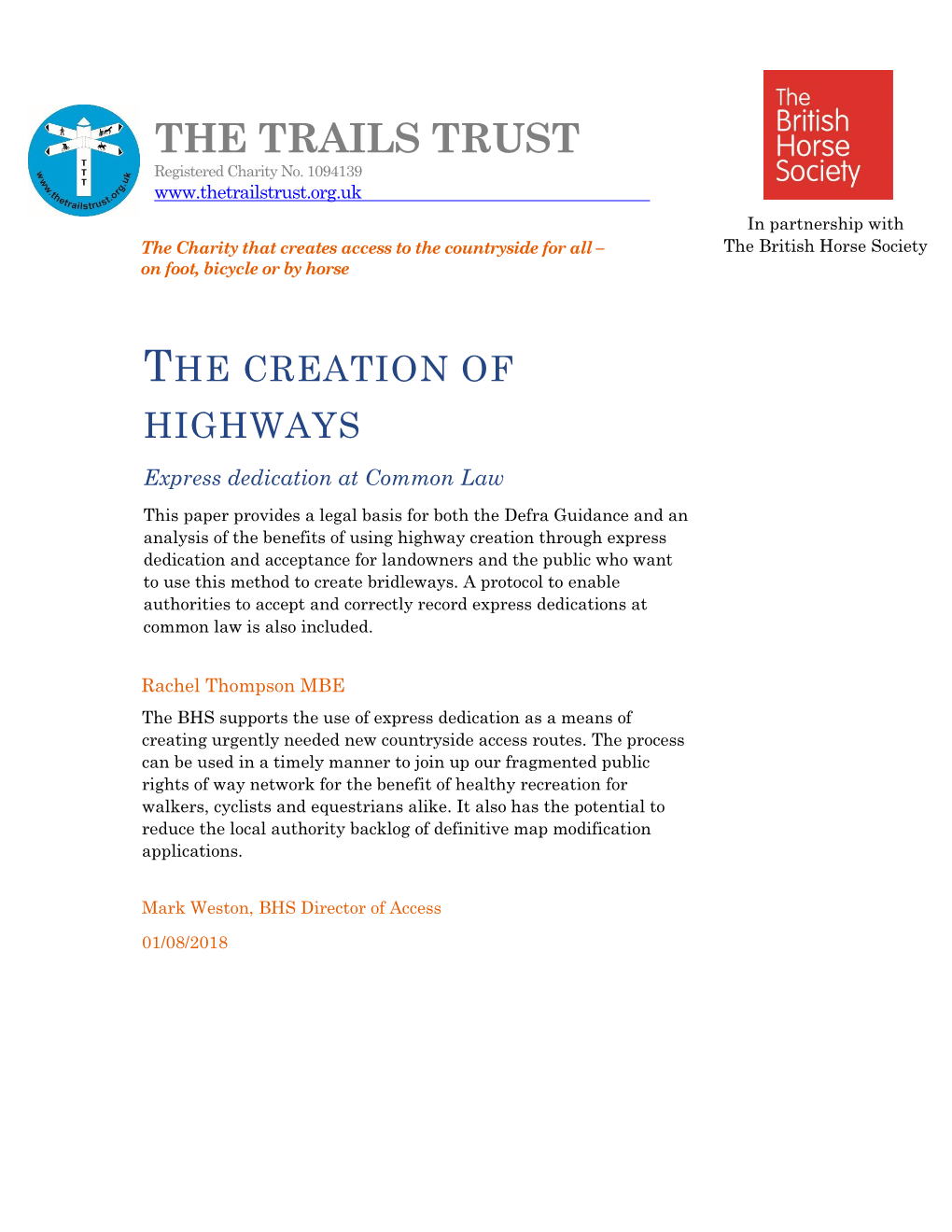 THE CREATION of HIGHWAYS Express Dedication at Common Law