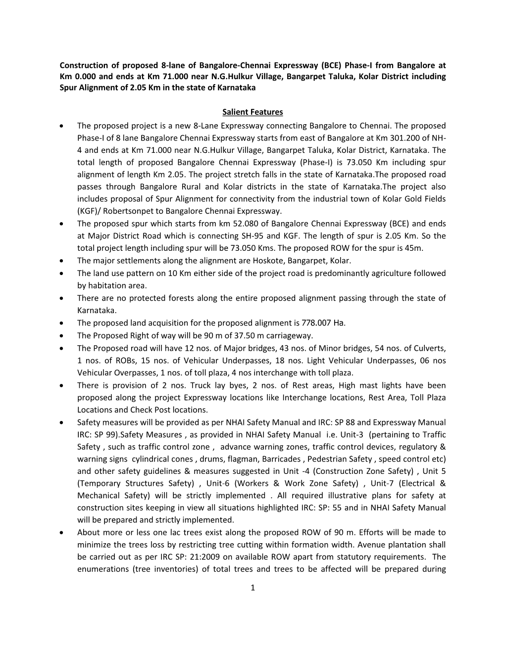 1 Construction of Proposed 8-Lane of Bangalore-Chennai Expressway