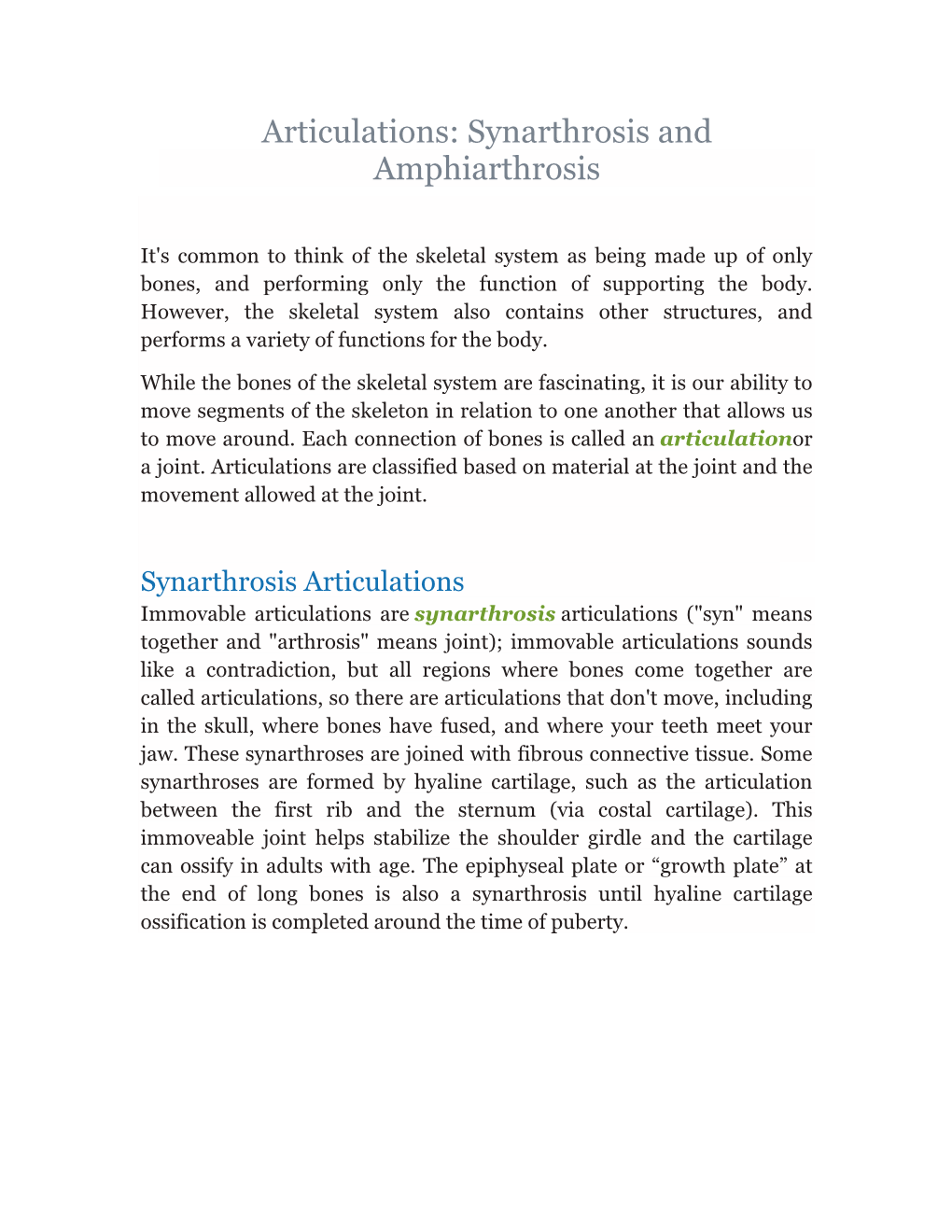 Articulations: Synarthrosis and Amphiarthrosis